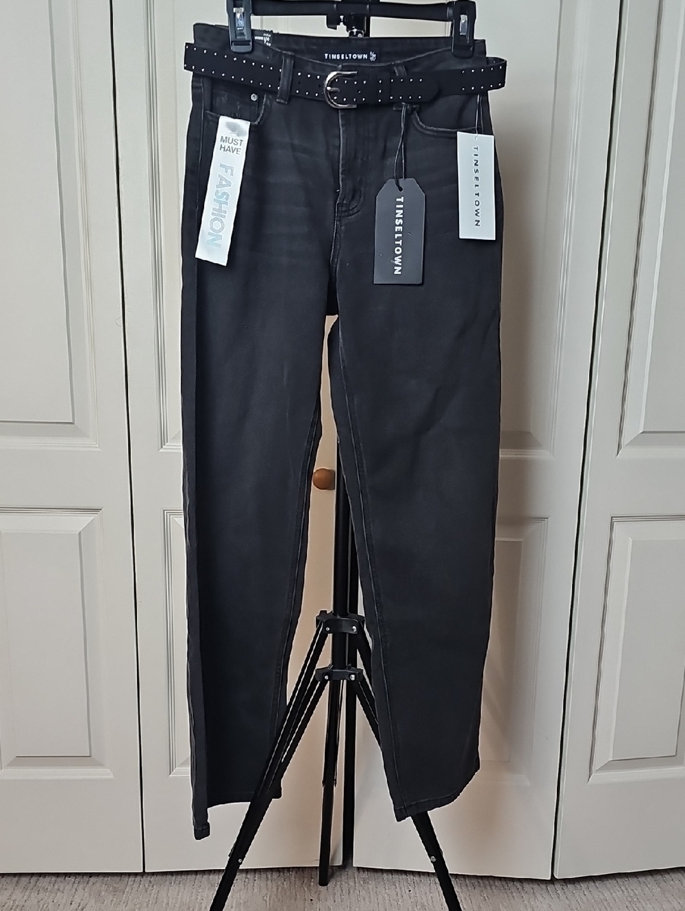 Tinseltown Black HI-Rise Slim Wide-Leg Jeans with Studded Belt Accent